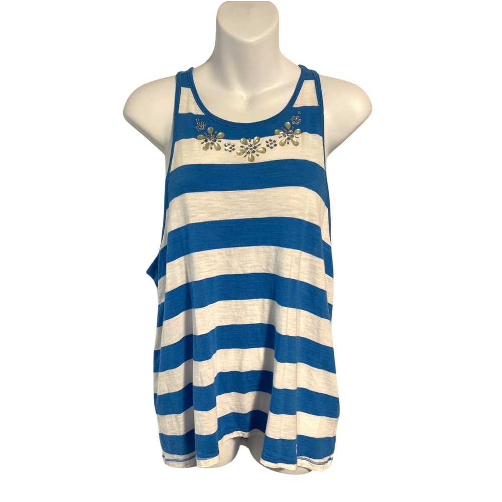 Hollister Y2K Racerback Tank Blue White Striped Floral Embellished Size Large